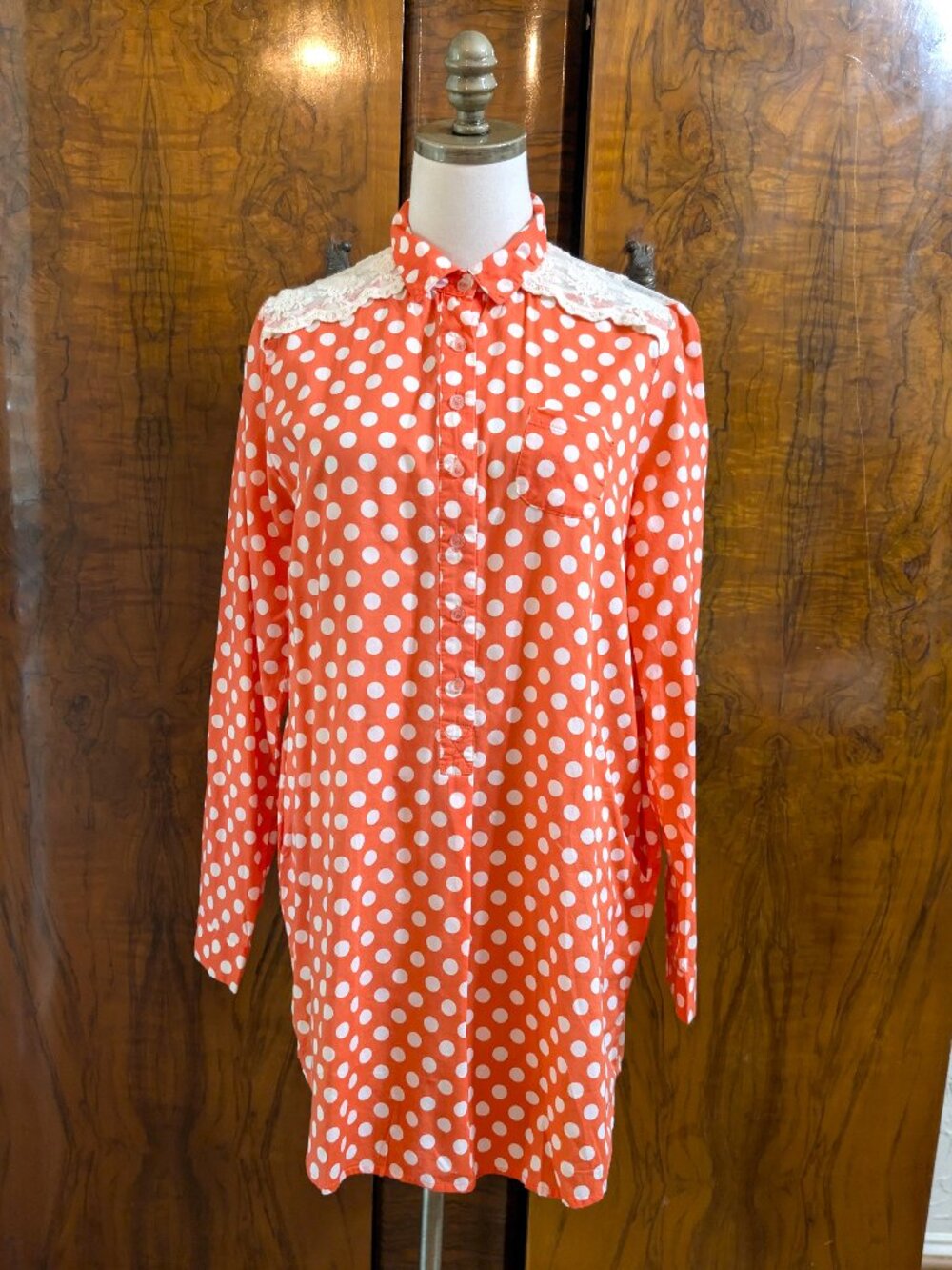 Anthropologie Lili's Closet Polka Dot Taylor Sleep Shirt S Orange Lace Yoke
